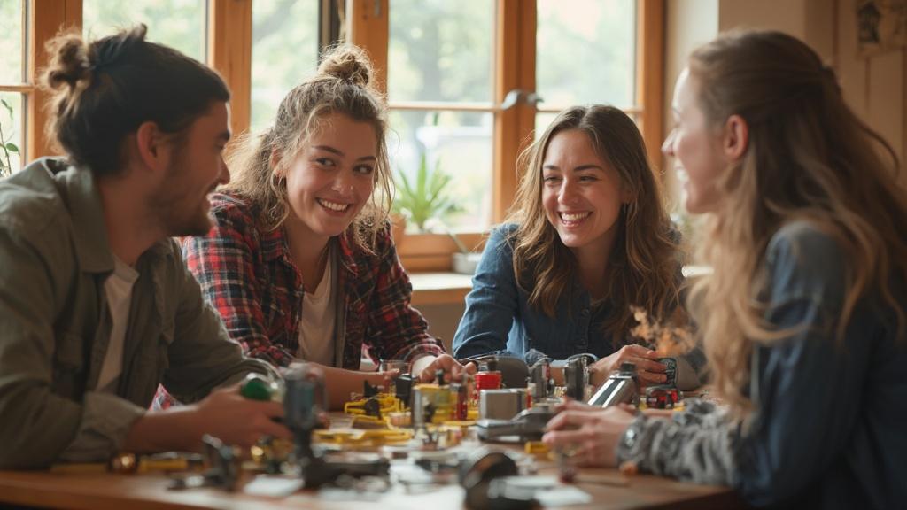 Groupe de jeunes amis assis autour d'une table jouant avec des jeux vidéo